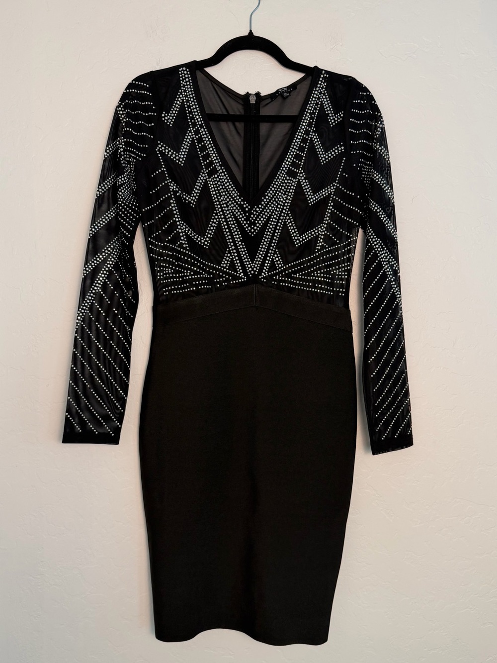 WOW couture Women's Medium BodyCon Mesh Dress Long-Sleeve V-Neck Embellished